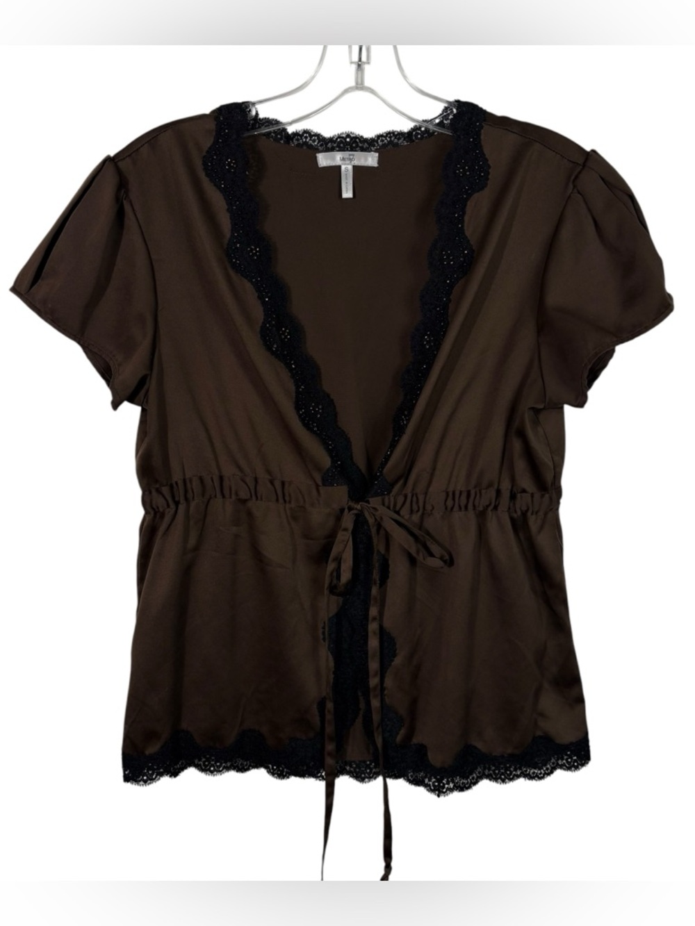 Metro 7 Y2K Vintage Silky Beaded Black Trim Puff Sleeve Tie Front Top Small S